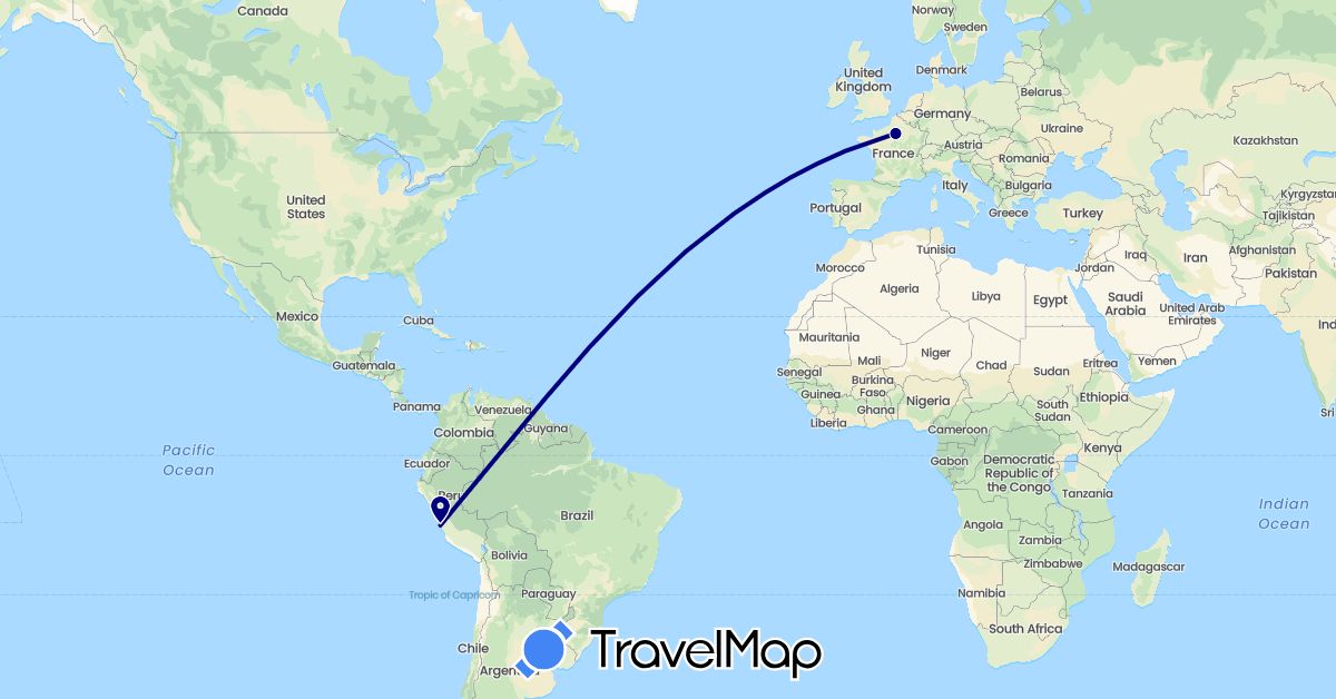 TravelMap itinerary: driving in France, Peru (Europe, South America)